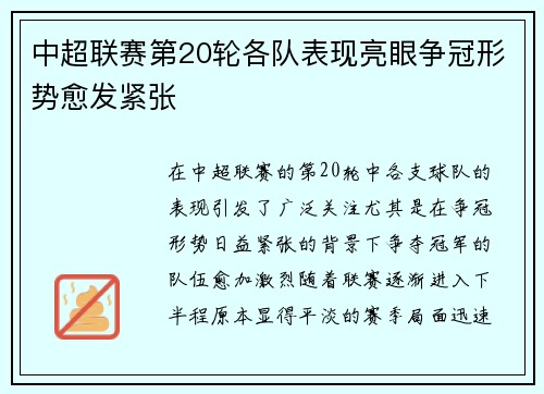 中超联赛第20轮各队表现亮眼争冠形势愈发紧张