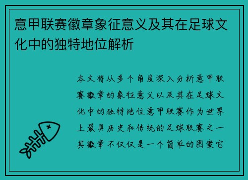 意甲联赛徽章象征意义及其在足球文化中的独特地位解析